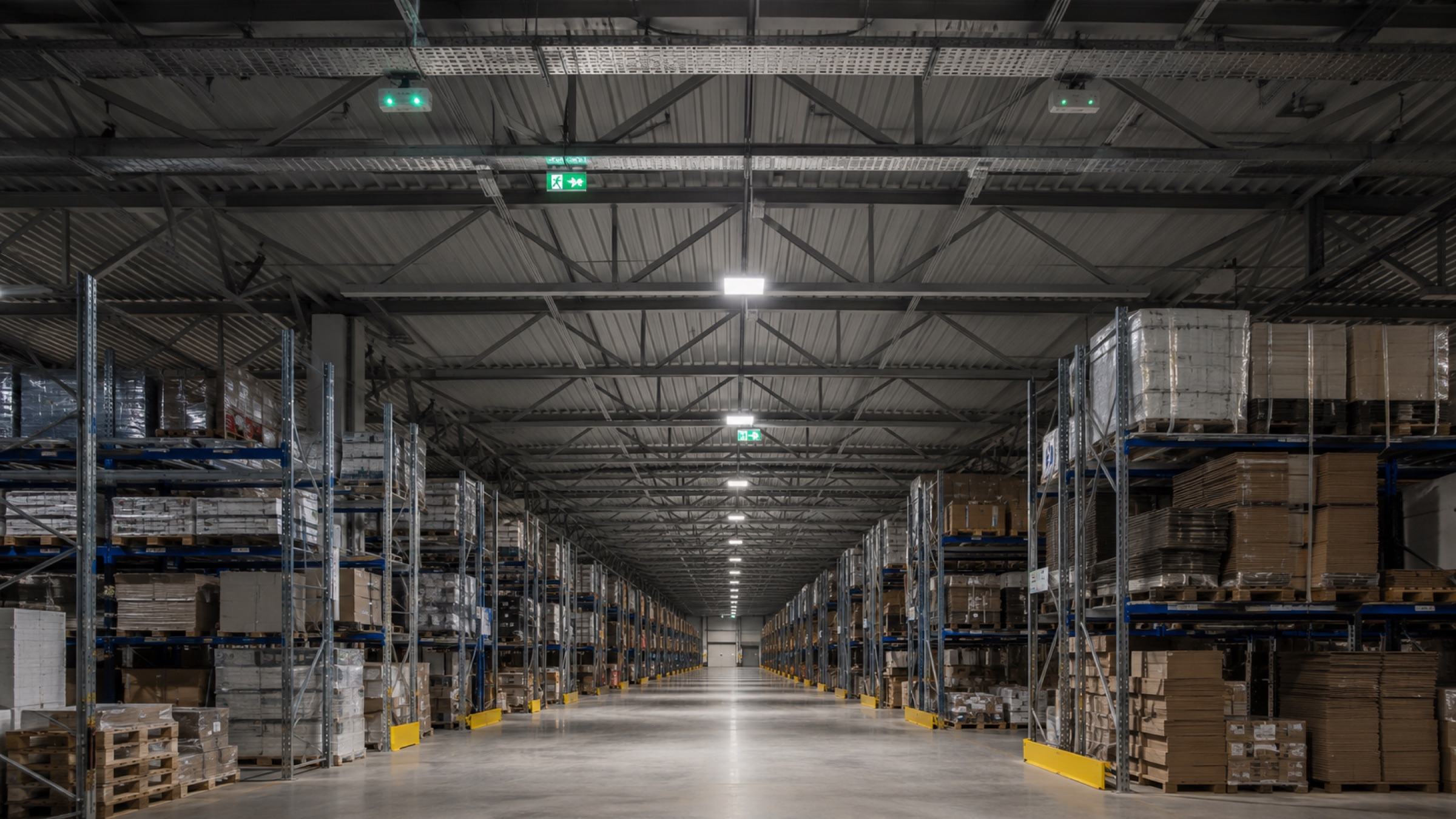 Regalgasse einer Lagerhalle mit LED-Hallenleuchten und Rettungszeichenleuchten unter dem Dachbinder