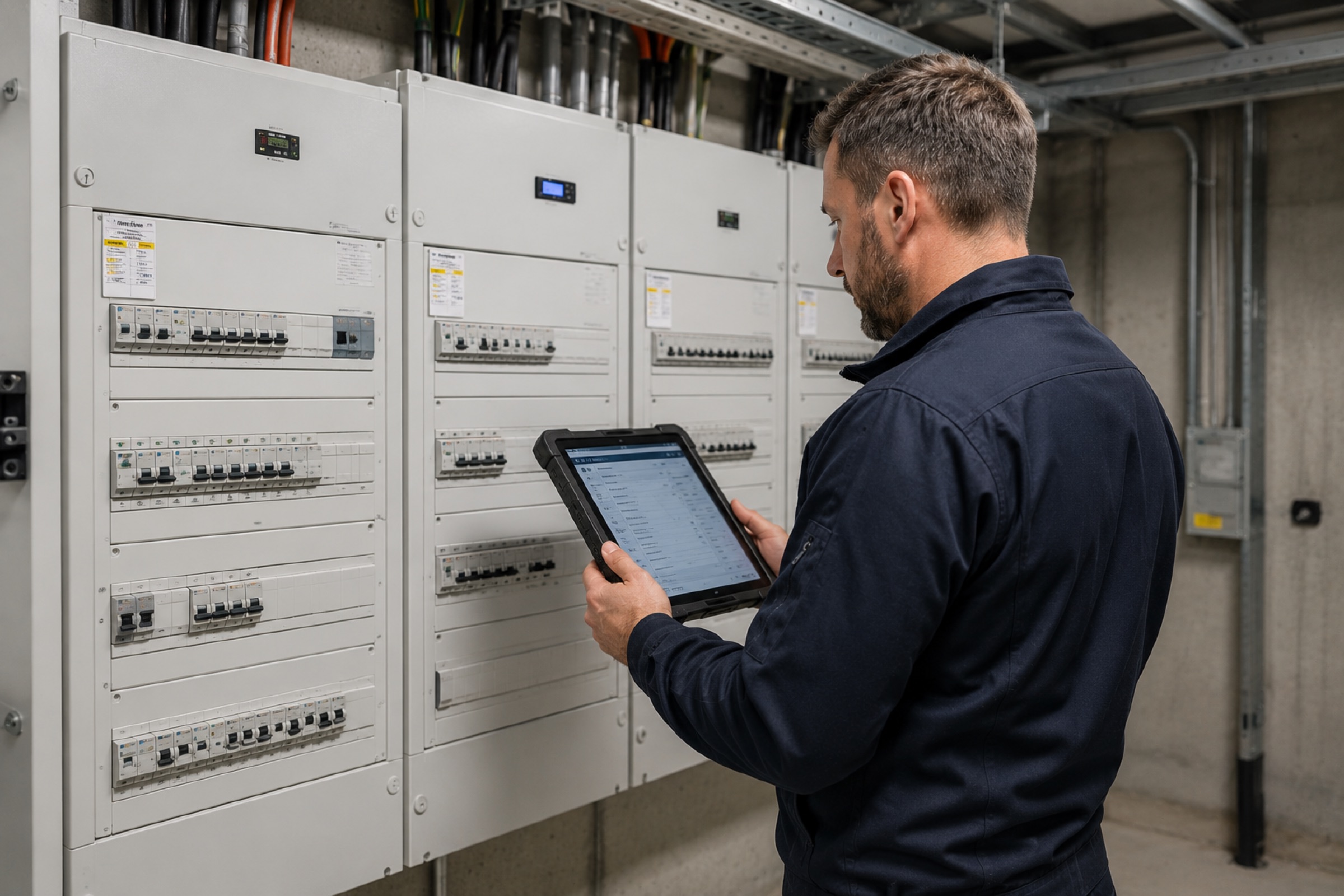 Techniker mit Tablet vor einer Verteilung im Technikraum eines Wohngebäudes