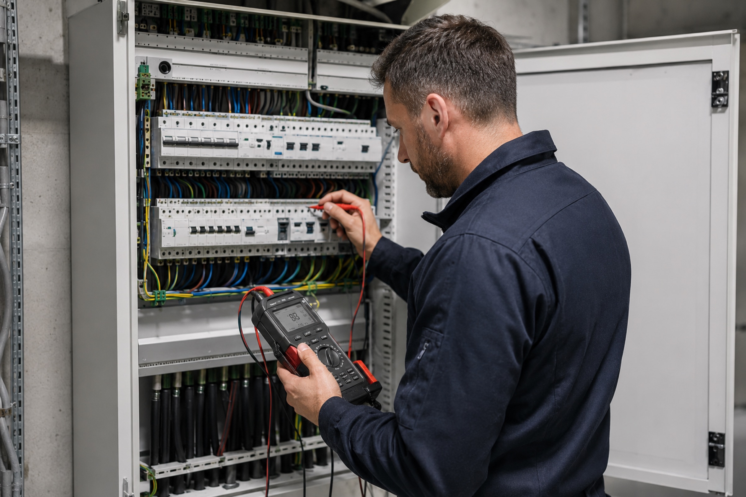 Elektrofachkraft bei einer Messung an einer Unterverteilung mit Prüfgerät