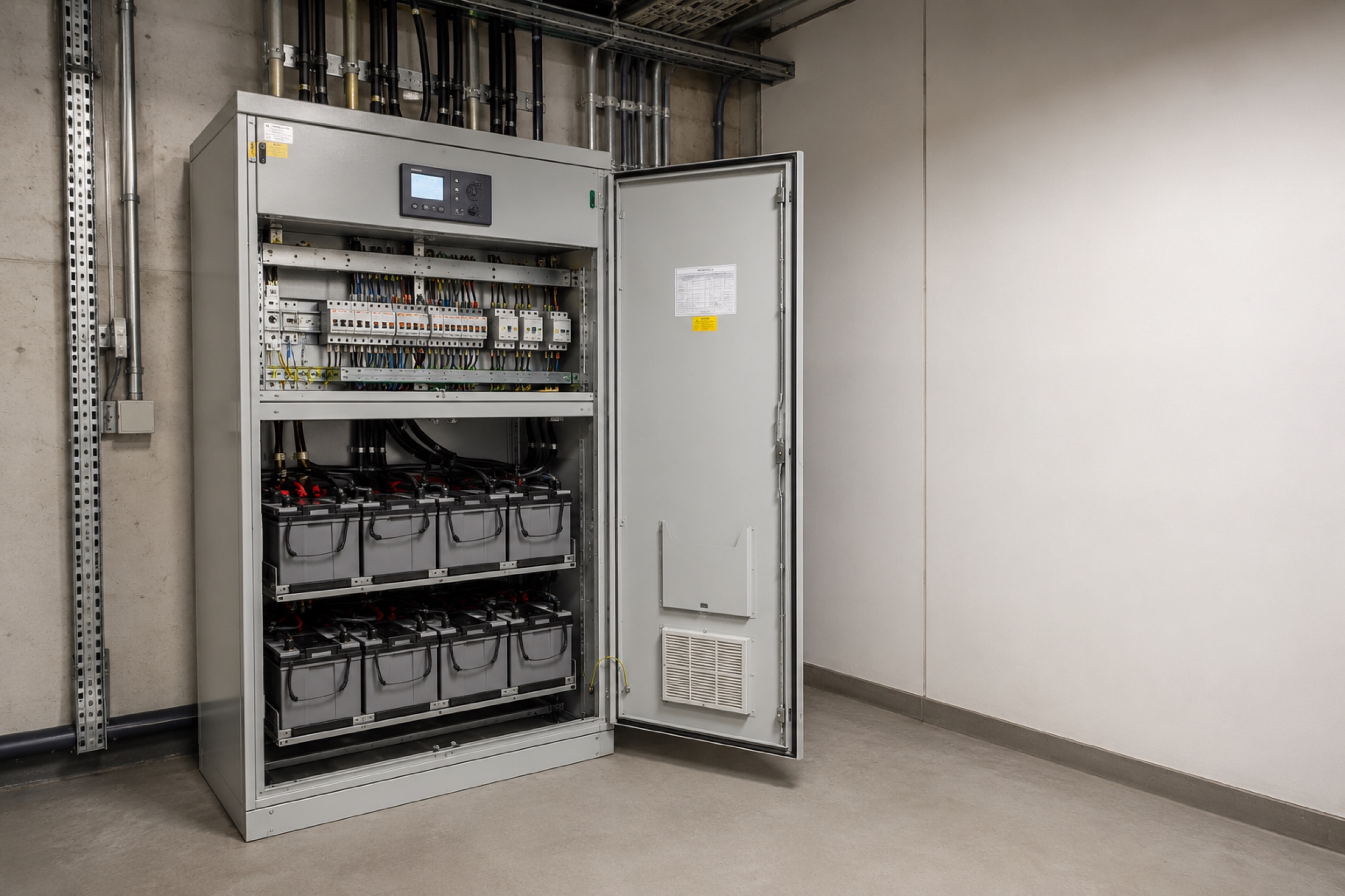 Geöffnete Zentralbatterieanlage im Technikraum mit Batterieblöcken und Reiheneinbaugeräten